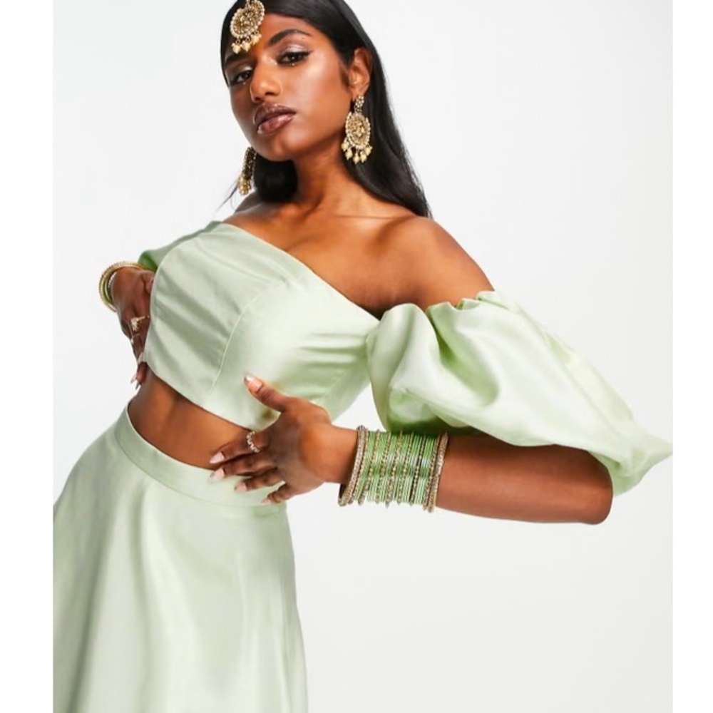 Elegant Mint Green Off-Shoulder Lehenga and skirt